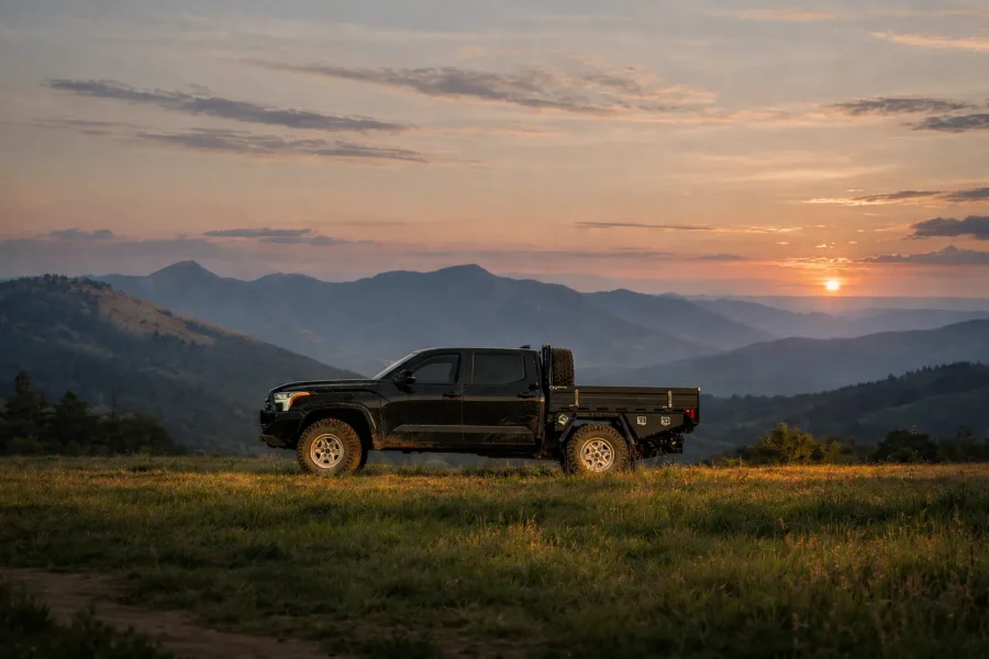Summit Expedition Trucks Toyota Tacoma with flatbed ute tray at sunset